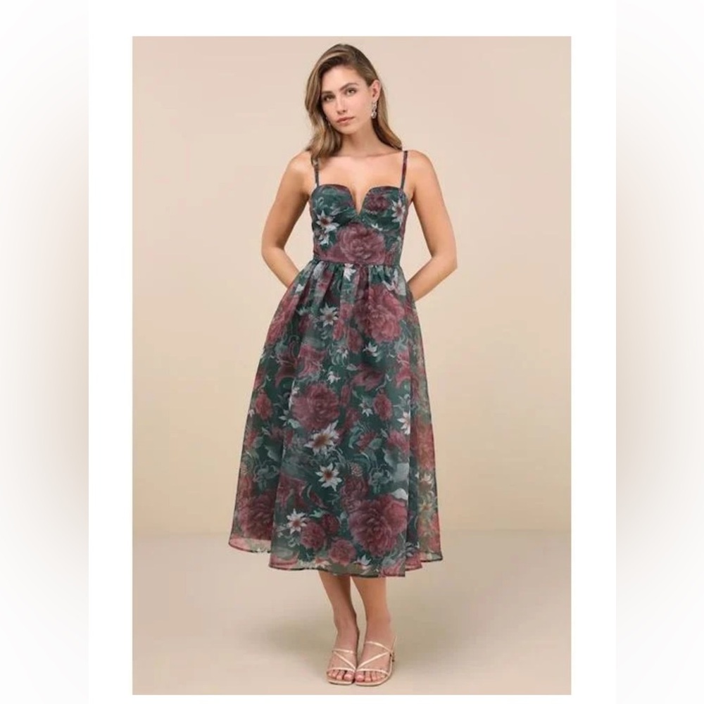 Lulu's Forest Green Floral Midi Dress with Rose Accents - Picture 1 of 8